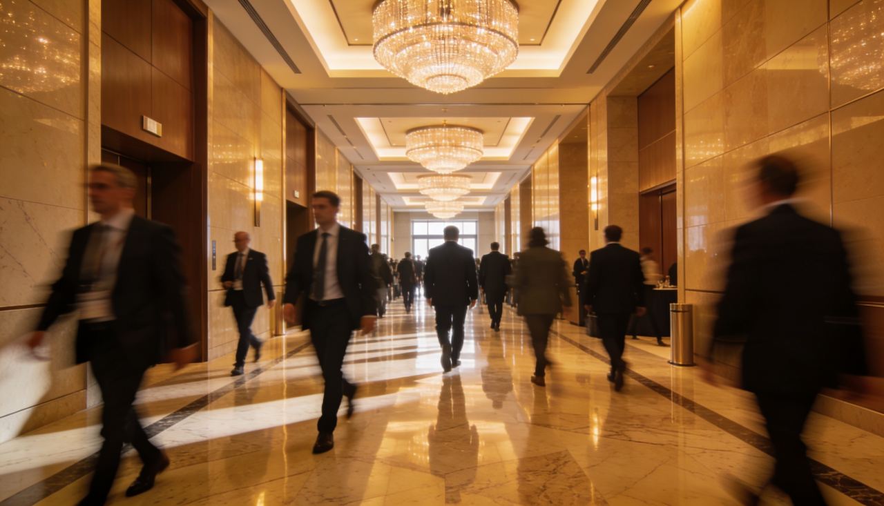 Hall premium con arañas doradas, ambiente networking corporativo